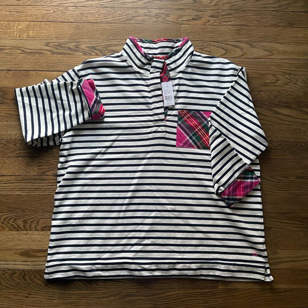 Crown & Ivy 2X Striped Funnel-Neck Pullover w/ Plaid Trim – Holiday Cozy